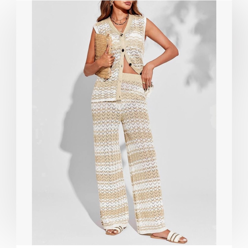 NWT BEIGE KNIT CROCHET 2PC SET COVERUP-S - Picture 11 of 17